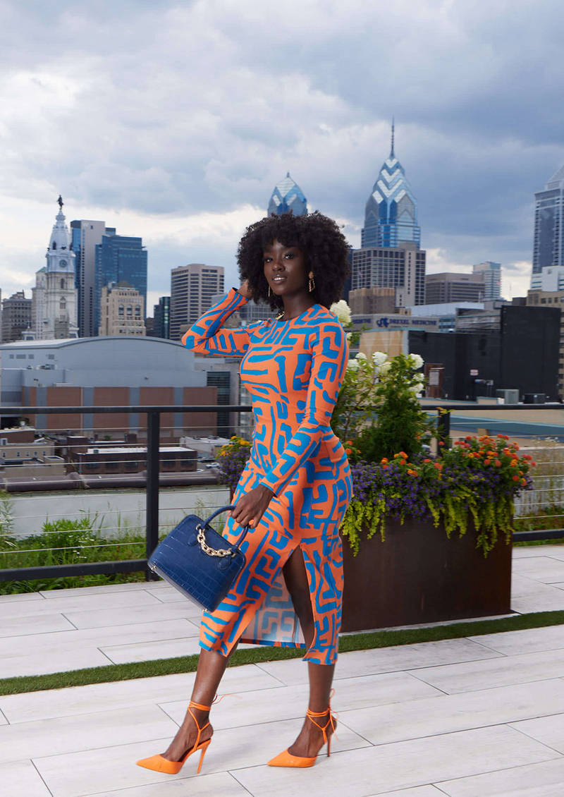 Chidima Women's African Print Stretch Midi Dress (Orange Blue Geometric)