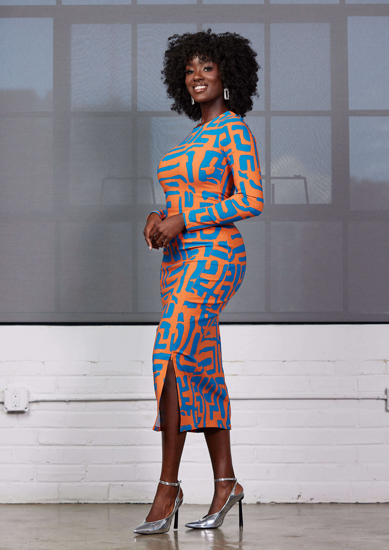 Chidima Women's African Print Stretch Midi Dress (Orange Blue