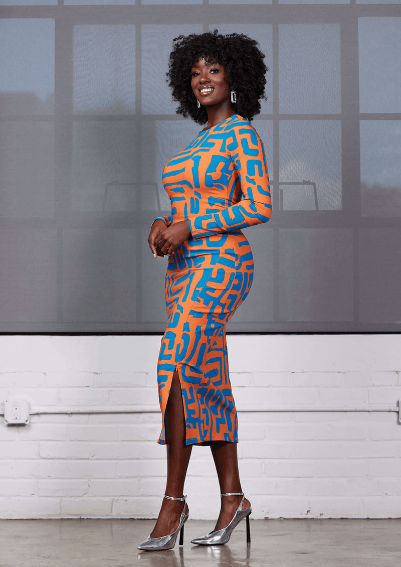 Chidima Women's African Print Stretch Midi Dress (Orange Blue Geometric)