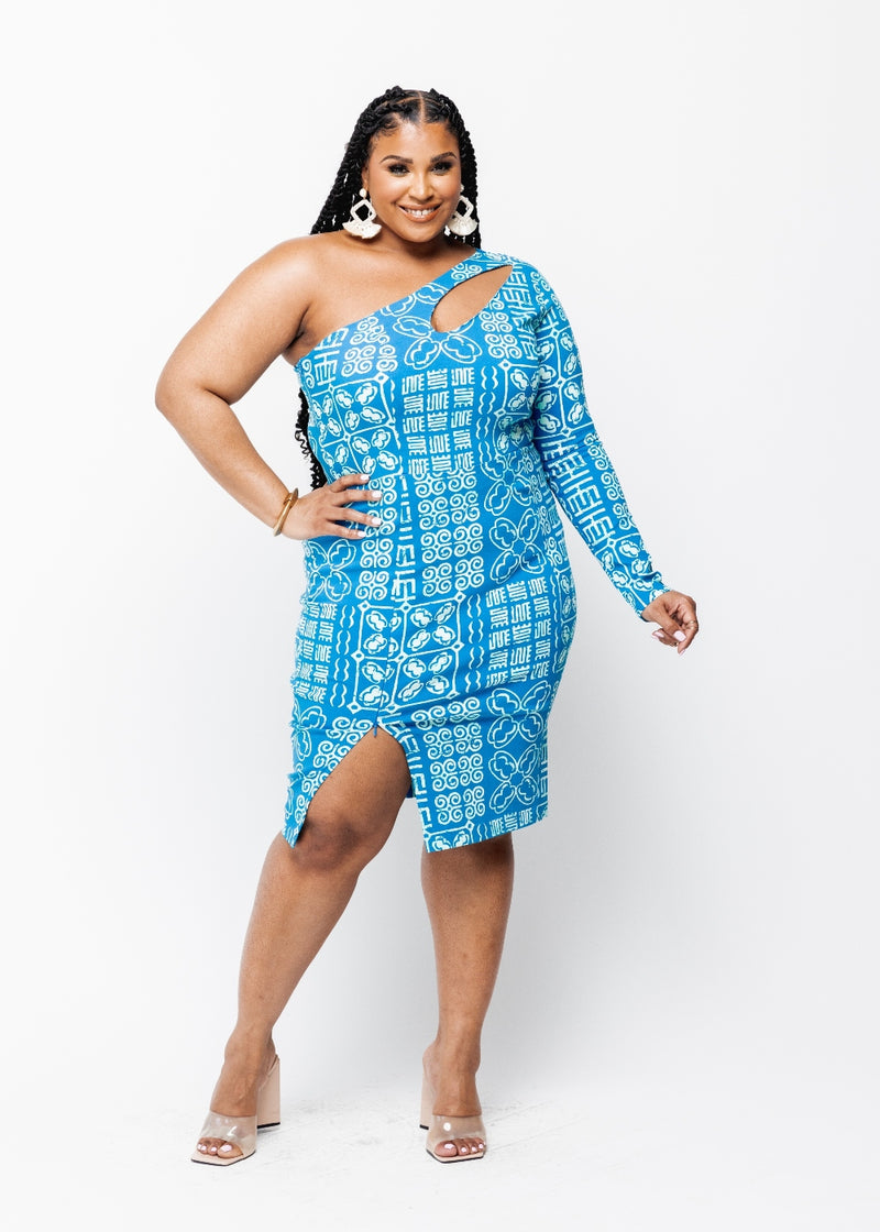 Deja Women's African Print Stretch One Shoulder Dress with Cut-Out (Cool Blue Adire) - Clearance