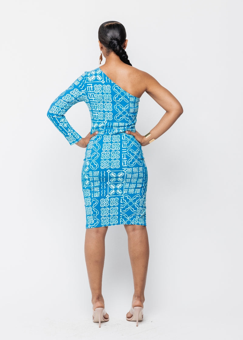 Deja Women's African Print Stretch One Shoulder Dress with Cut-Out (Cool Blue Adire) - Clearance
