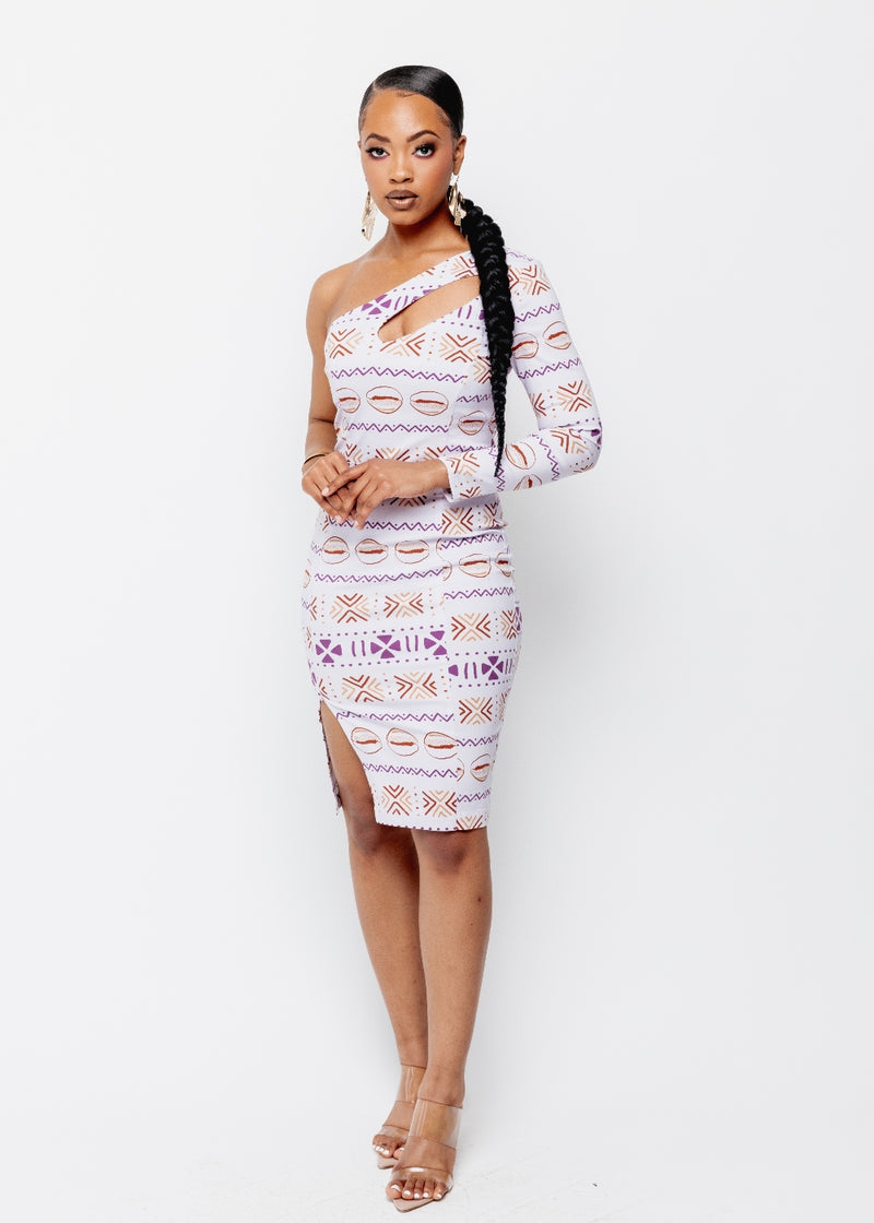 Deja Women's African Print One Stretch Shoulder Dress with Cut-Out (Mauve Plum Mudcloth) - Clearance