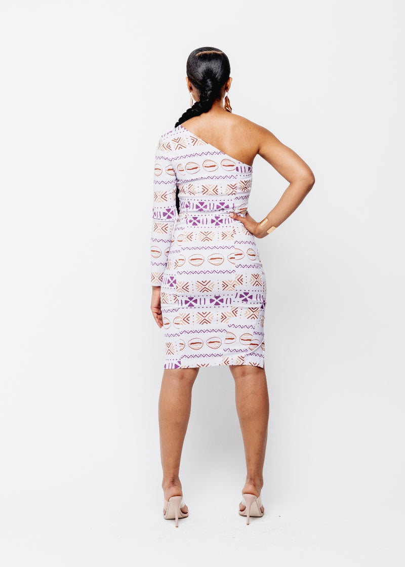 Deja Women's African Print One Stretch Shoulder Dress with Cut-Out (Mauve Plum Mudcloth) - Clearance