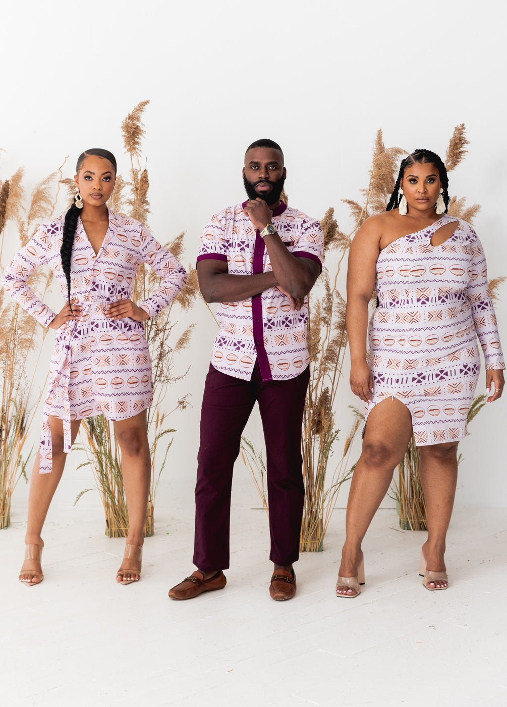 Olu African Print Button-Up Mandarin Collar Shirt (Mauve Plum Mudcloth) - Clearance