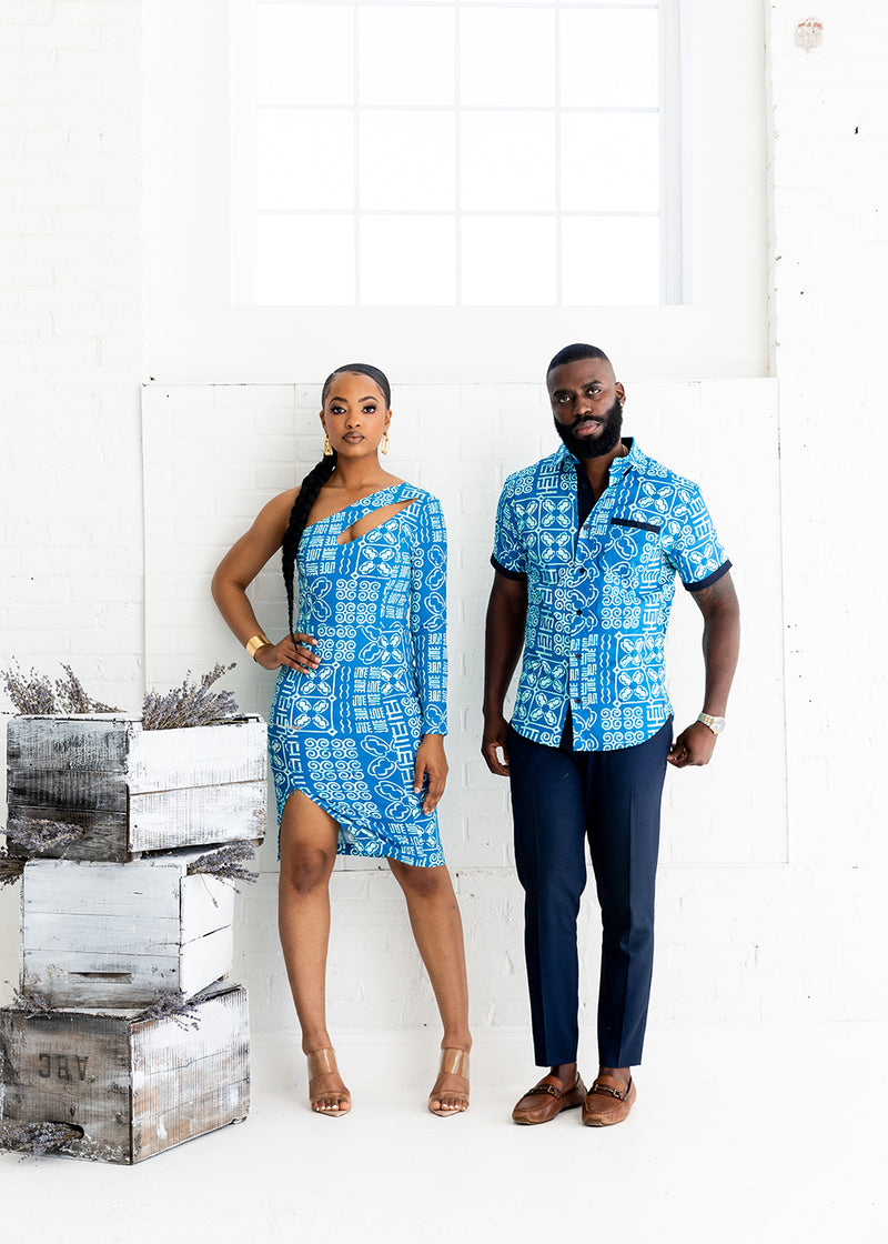 Deja Women's African Print Stretch One Shoulder Dress with Cut-Out (Cool Blue Adire) - Clearance