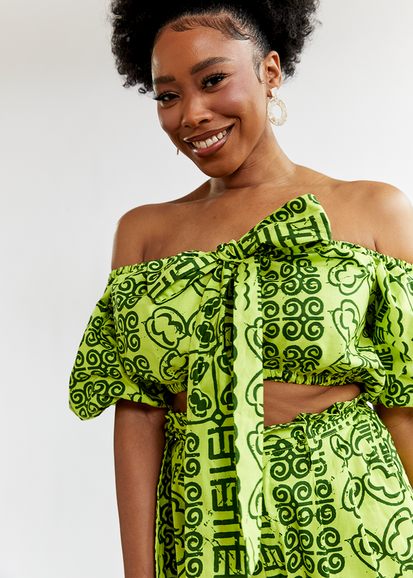 Farasha Women's African Print Tie Crop Top (Lime Adire) - Clearance