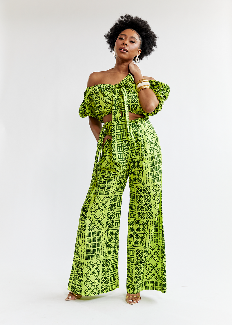 Farasha Women's African Print Tie Crop Top (Lime Adire) - Clearance