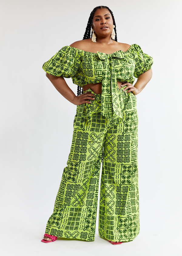 Farasha Women's African Print Tie Crop Top (Lime Adire) - Clearance