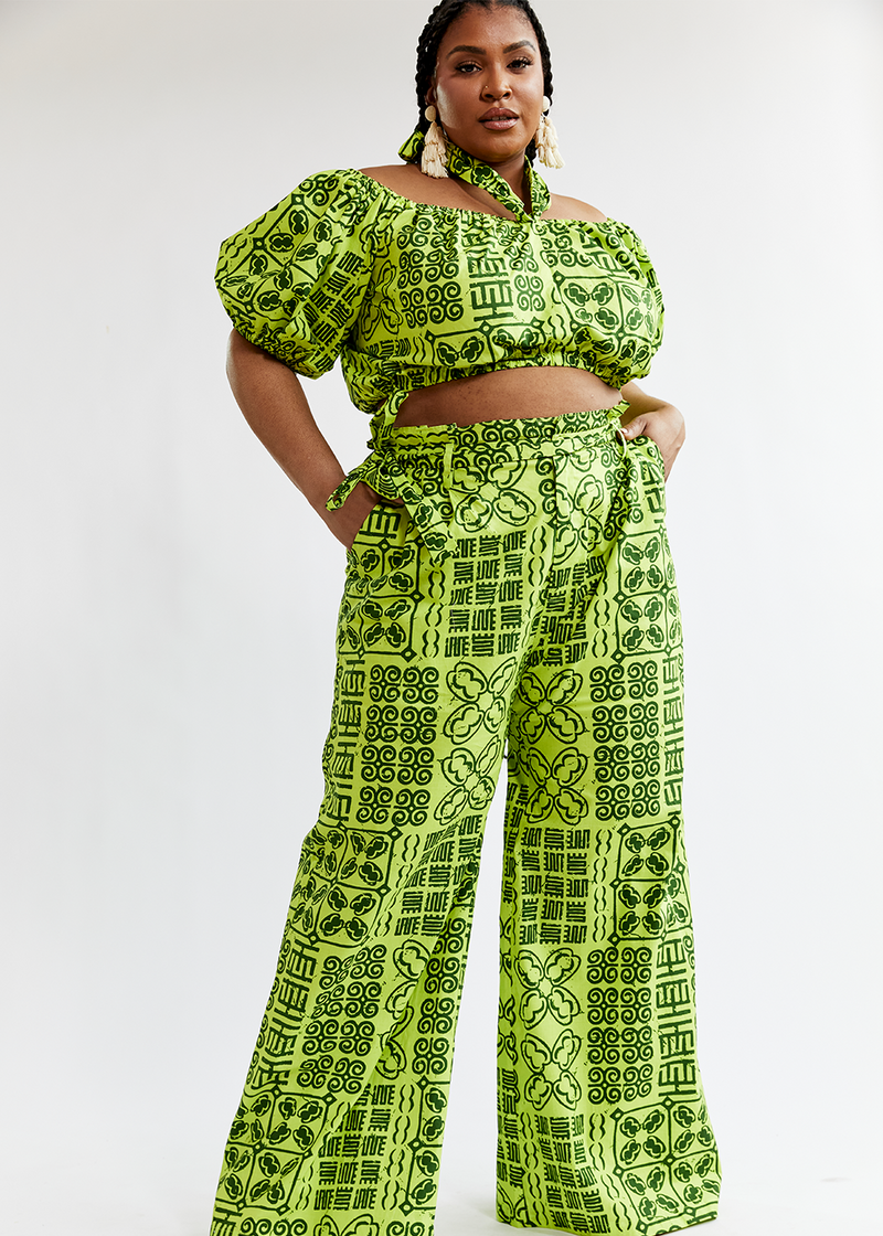 Farasha Women's African Print Tie Crop Top (Lime Adire) - Clearance