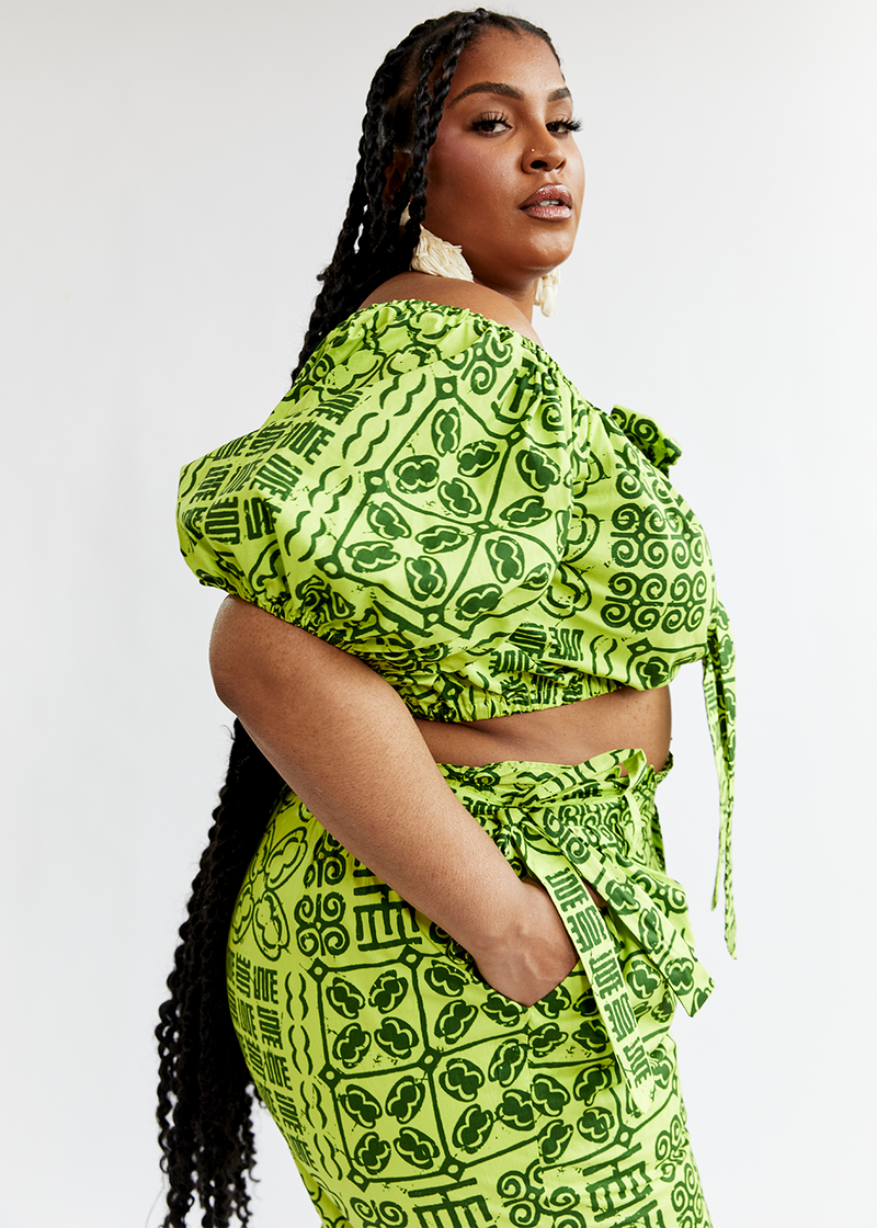 Farasha Women's African Print Tie Crop Top (Lime Adire) - Clearance