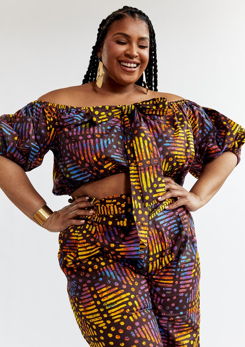 Farasha Women's African Print Tie Crop Top (Sunset Adire) - Clearance