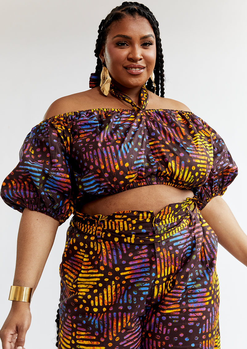Farasha Women's African Print Tie Crop Top (Sunset Adire) - Clearance