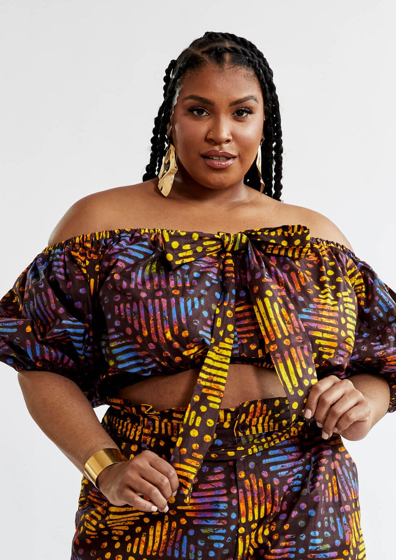 Farasha Women's African Print Tie Crop Top (Sunset Adire) - Clearance