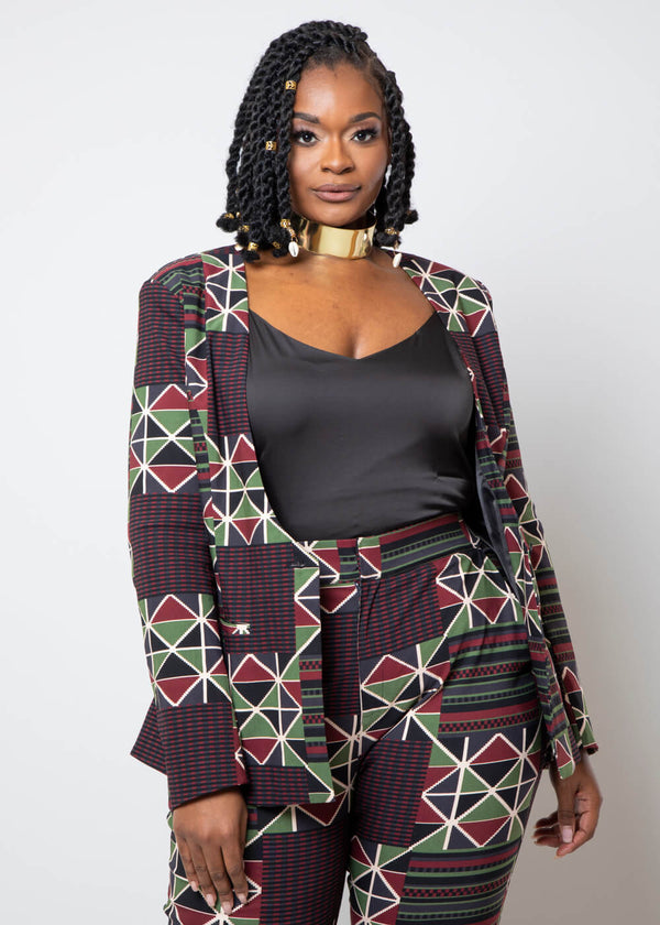 Farjana Women's African Print Stretch Woven Blazer (Black Red Kente) - Clearance