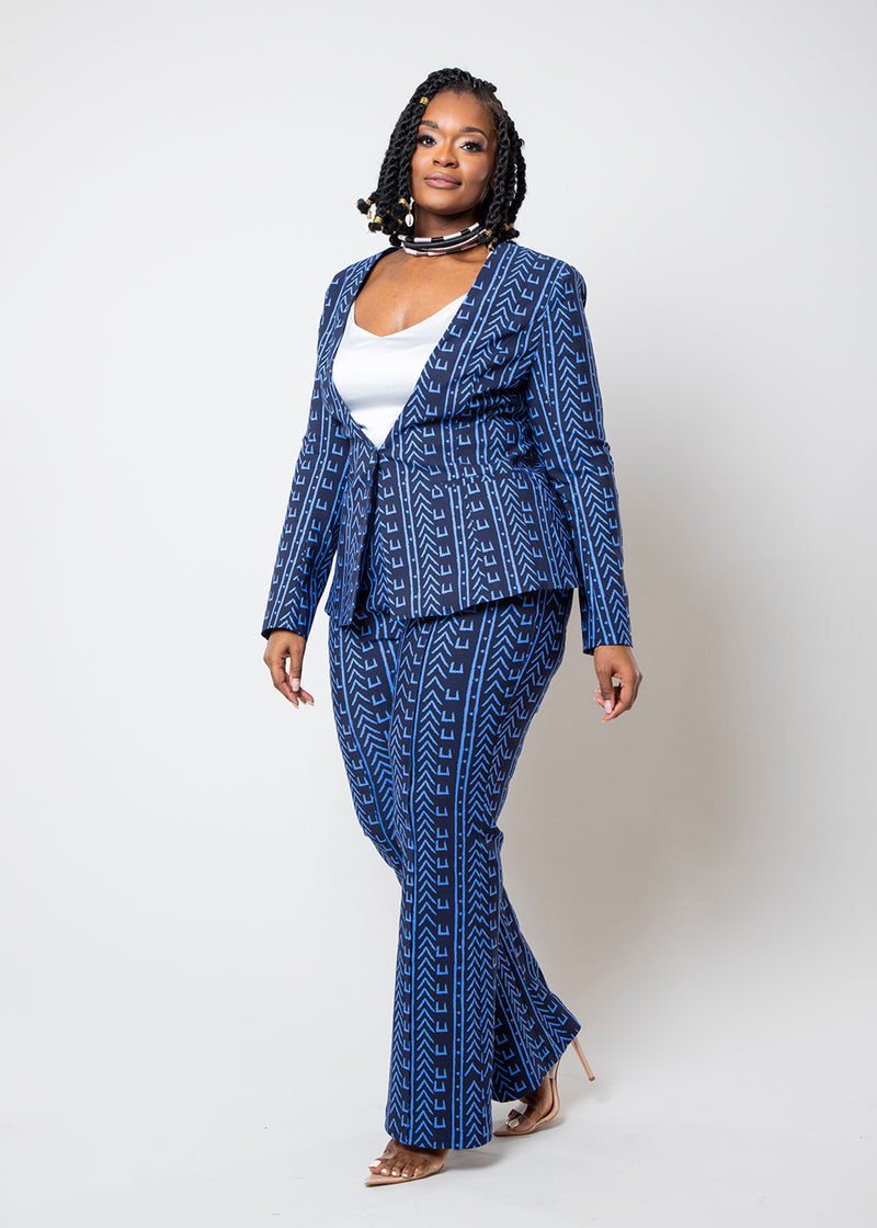 Farjana Women's African Print Stretch Woven Blazer (Blue Navy Mudcloth)