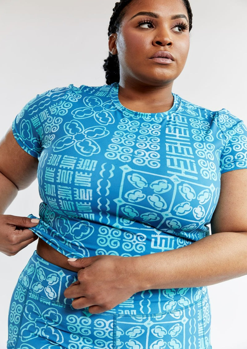 Gawa Women's African Print Active Crop Top (Cool Blue Adire) - Clearance