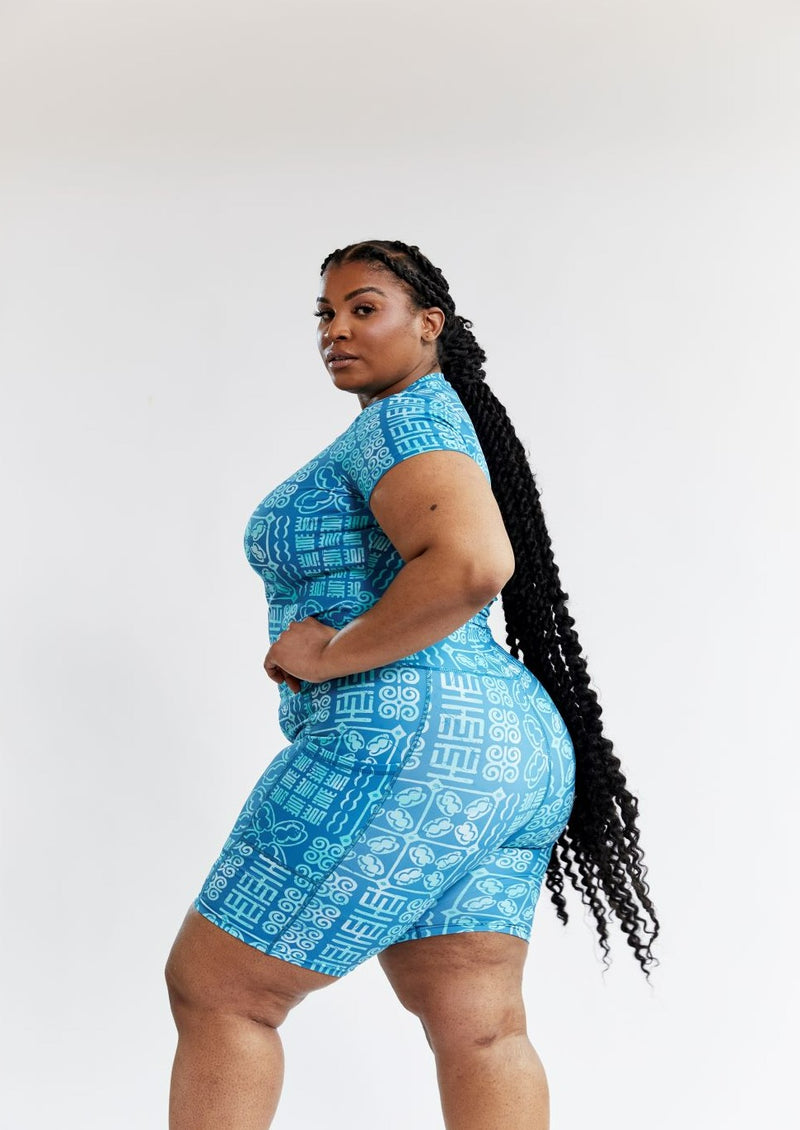 Kimba Women's African Print Biker Shorts (Cool Blue Adire) - Clearance