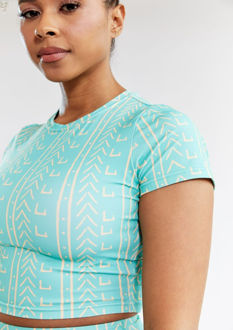 Gawa Women's African Print Active Crop Top (Mint Tan Mudcloth) - Clearance