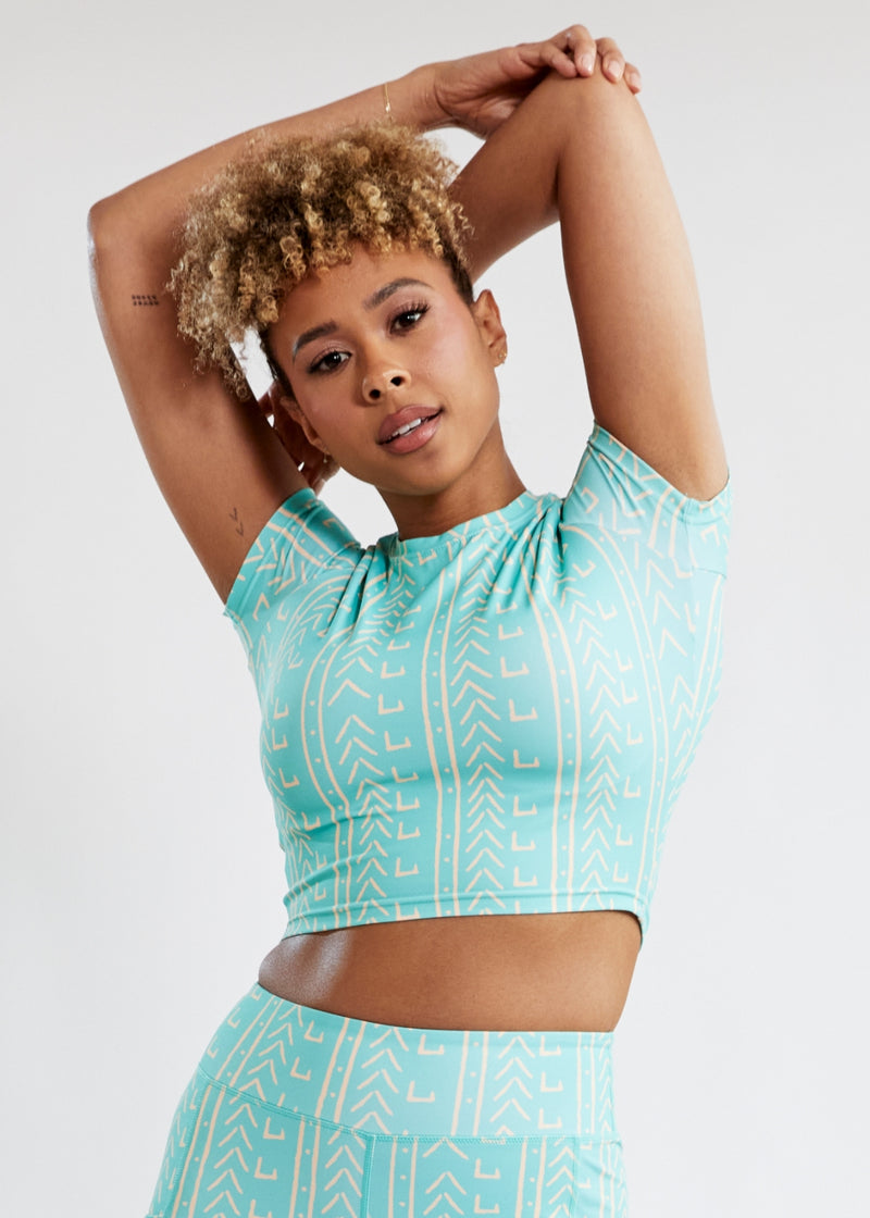 Gawa Women's African Print Active Crop Top (Mint Tan Mudcloth) - Clearance