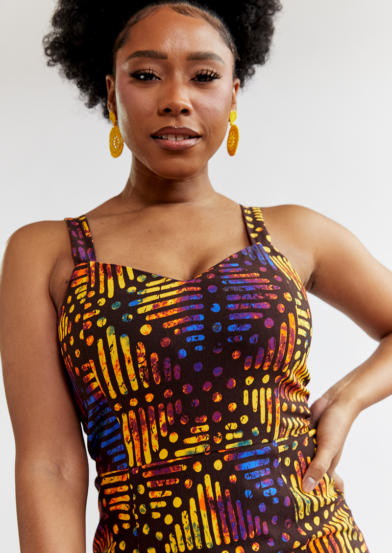 Gazania Women's African Print Stretch Dress (Sunset Adire)