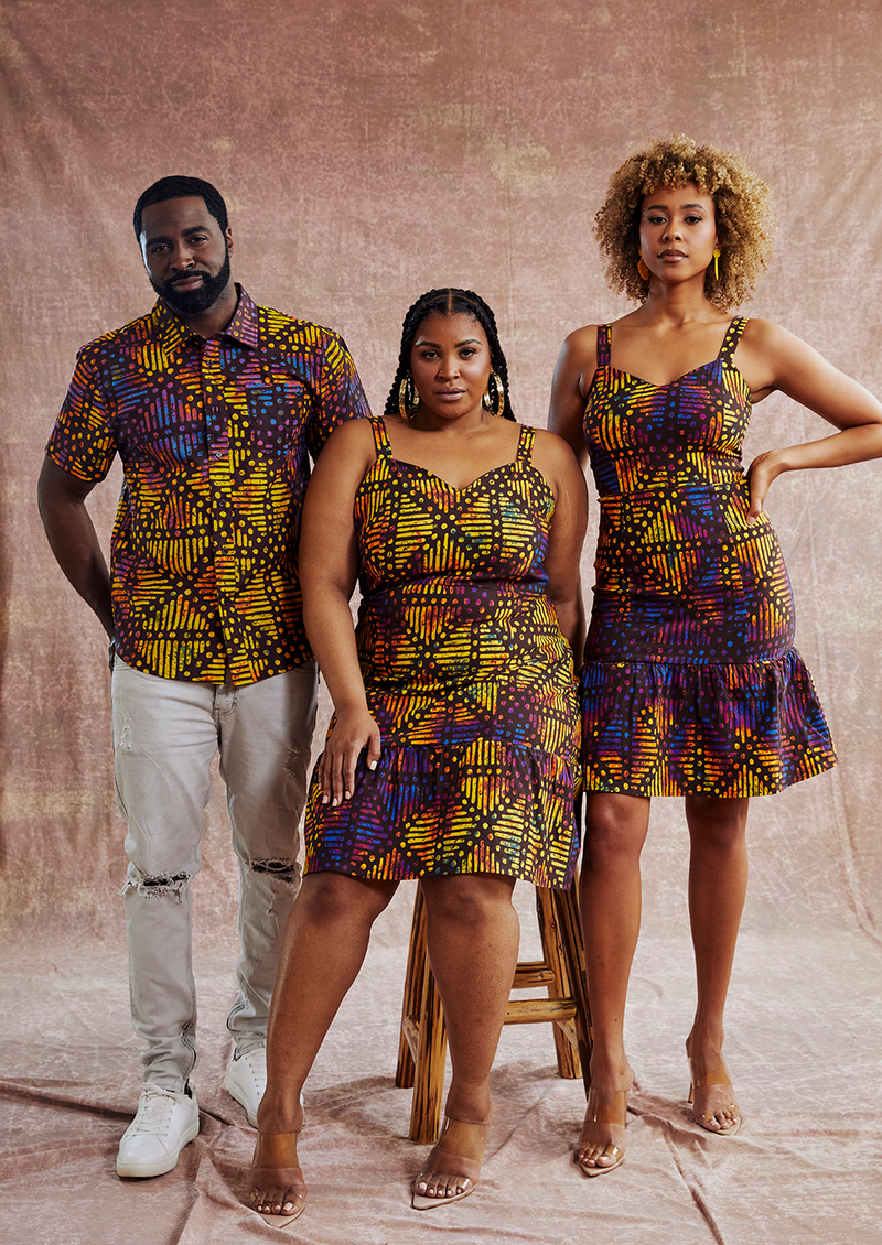 Gazania Women's African Print Stretch Dress (Sunset Adire)