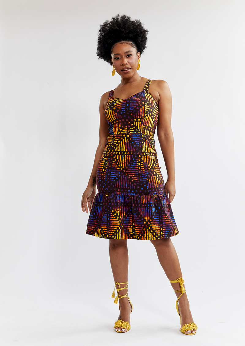 Gazania Women's African Print Stretch Dress (Sunset Adire)