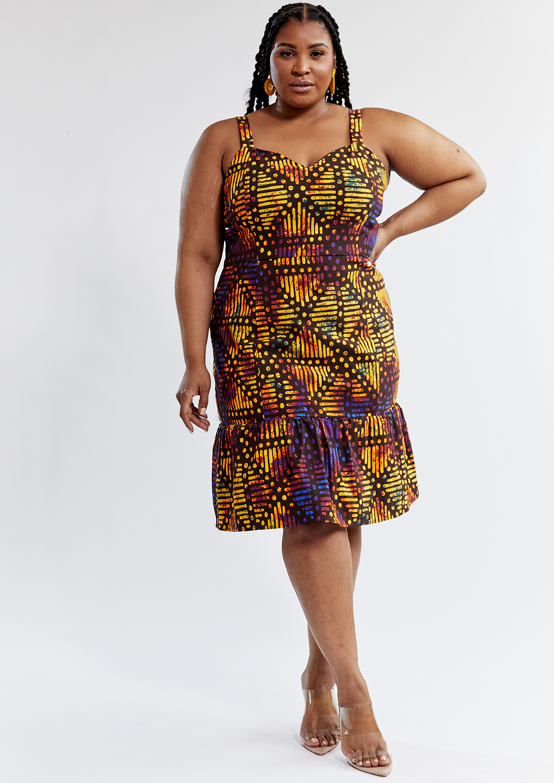 Gazania Women's African Print Stretch Dress (Sunset Adire)