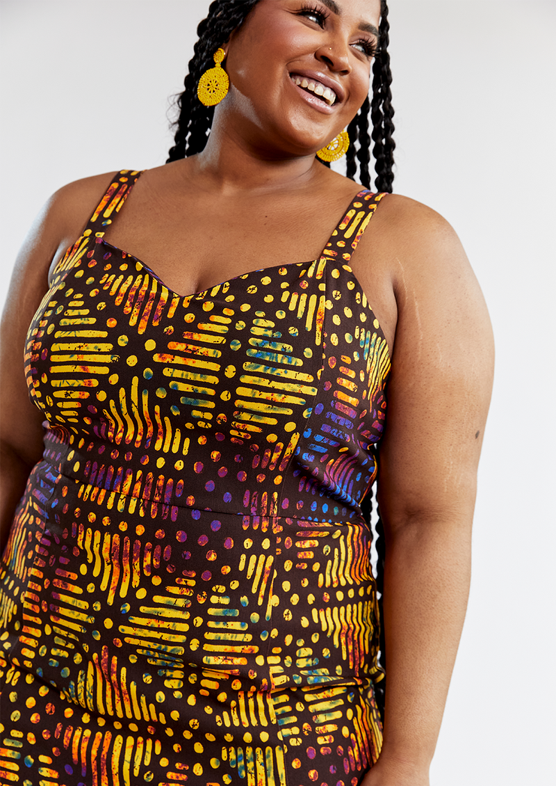 Gazania Women's African Print Stretch Dress (Sunset Adire)