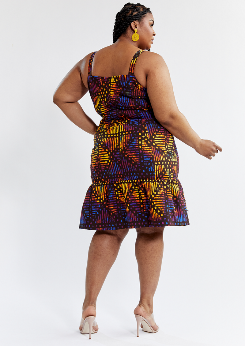 Gazania Women's African Print Stretch Dress (Sunset Adire)