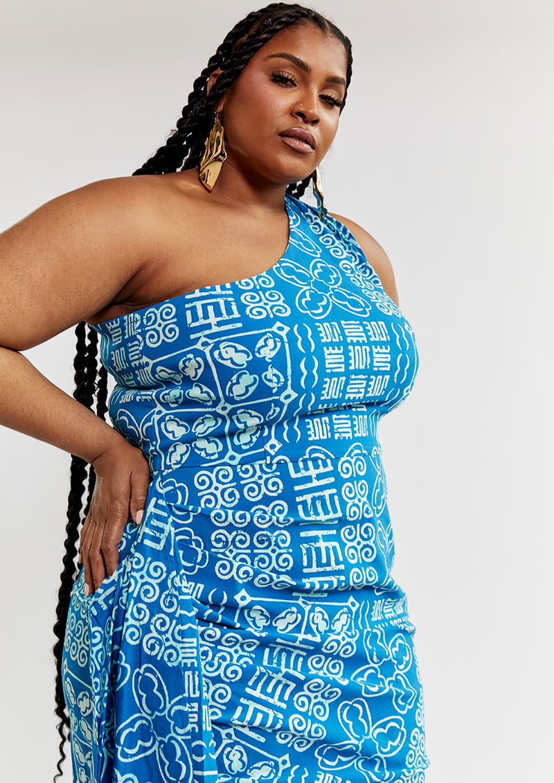 Hana Women's African Print Stretch Dress (Cool Blue Adire) - Clearance