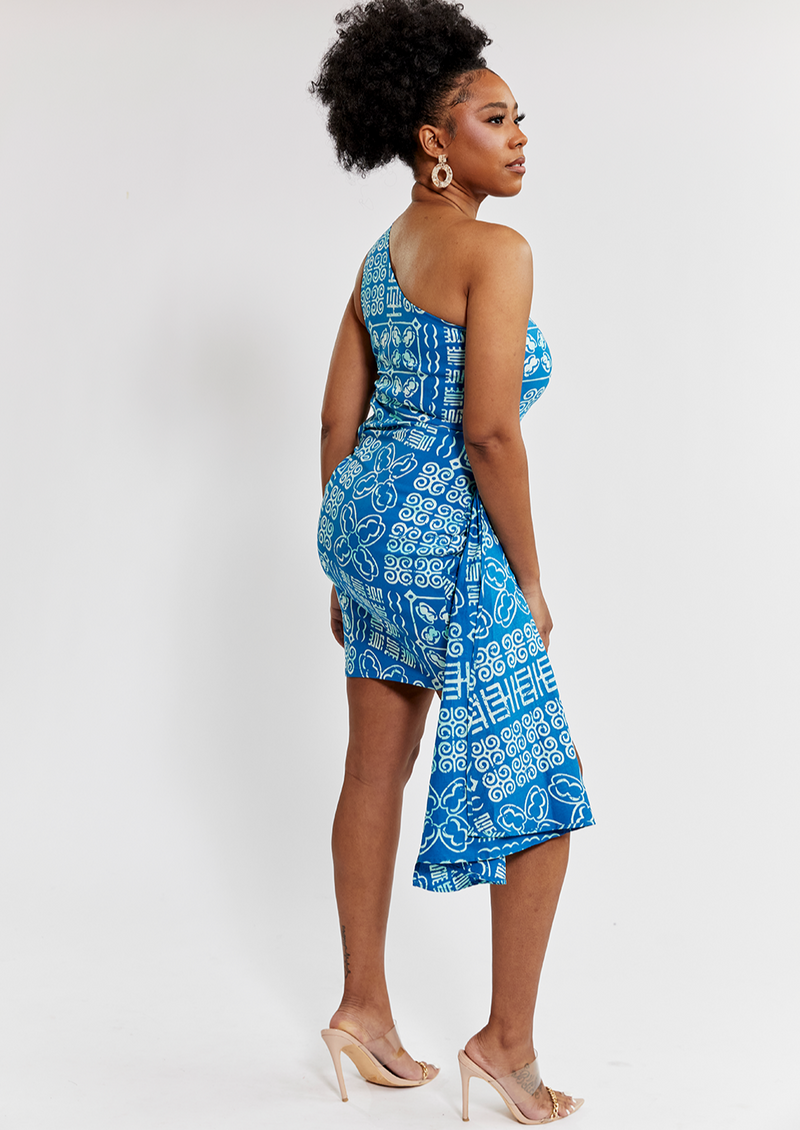 Hana Women's African Print Stretch Dress (Cool Blue Adire) - Clearance