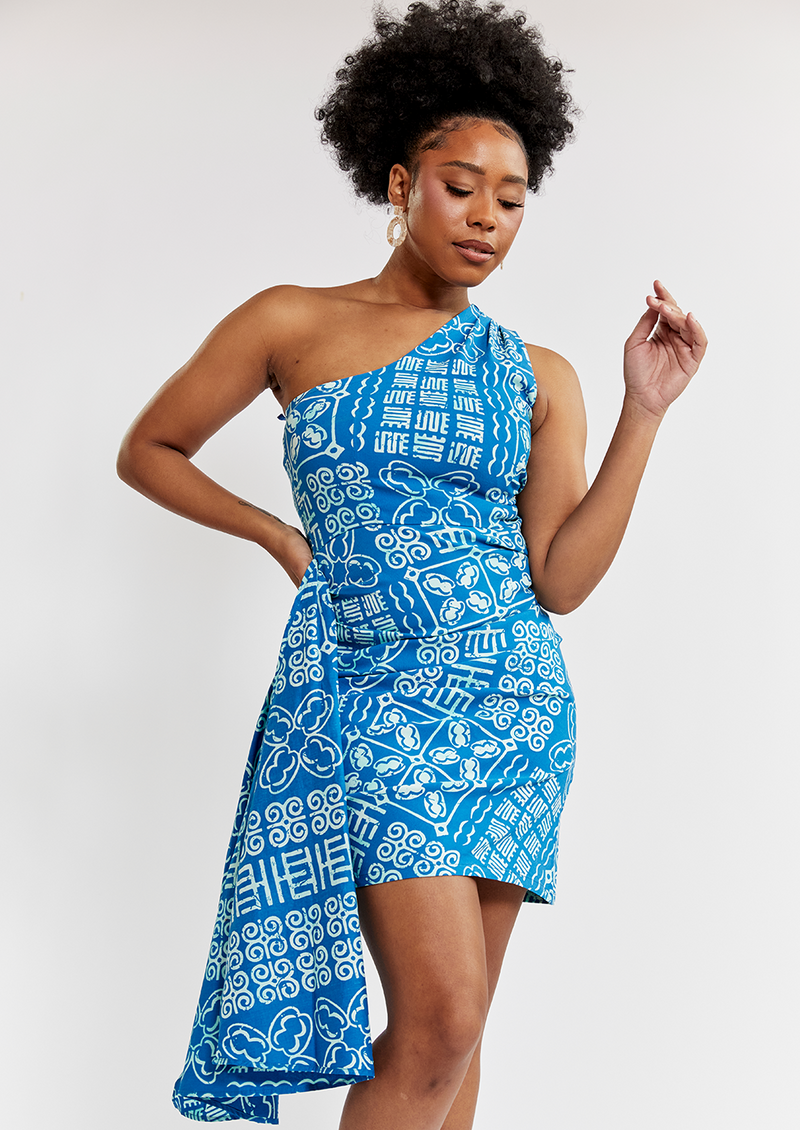 Hana Women's African Print Stretch Dress (Cool Blue Adire) - Clearance
