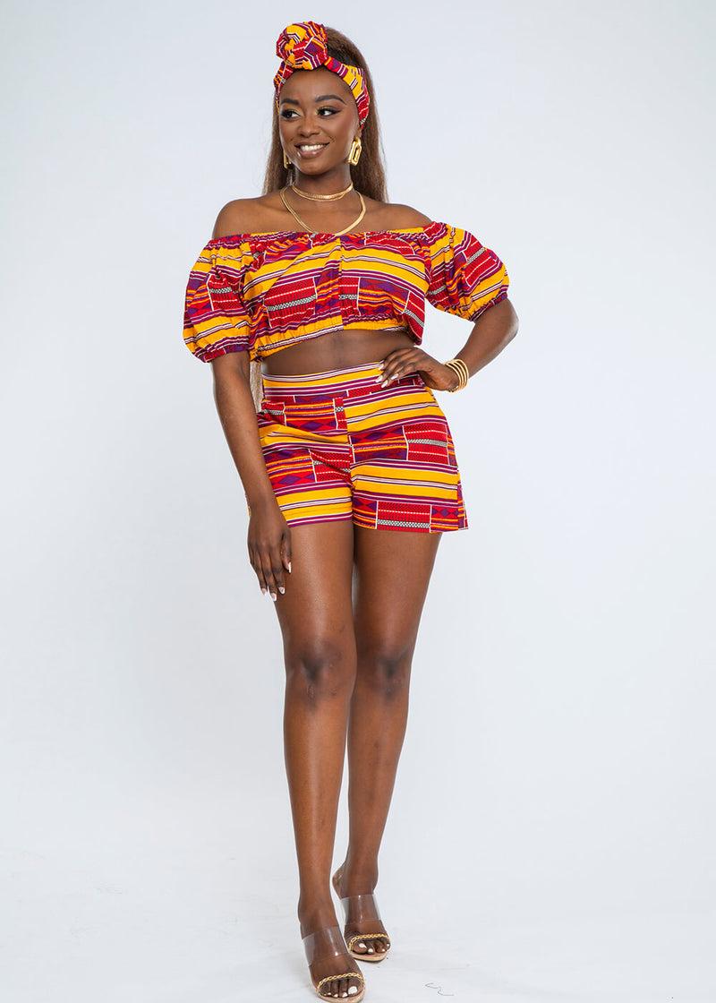 Ikara Women's African Print Crop Top (Maroon Gold Kente) - Clearance