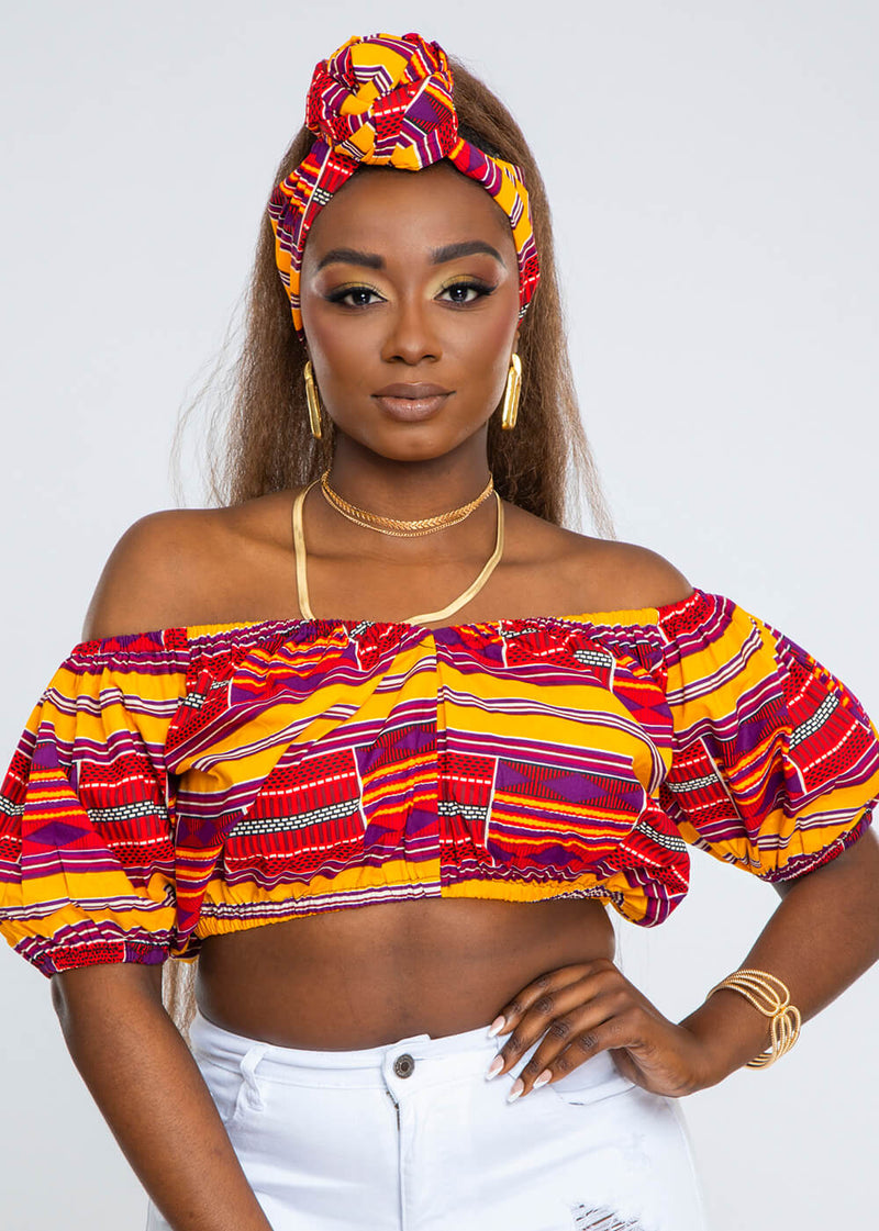 Ikara Women's African Print Crop Top (Maroon Gold Kente) - Clearance