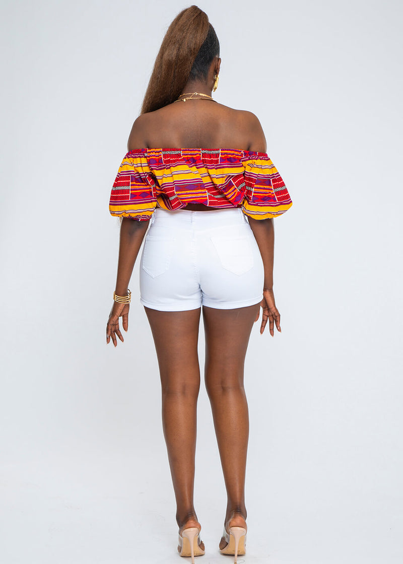 Ikara Women's African Print Crop Top (Maroon Gold Kente) - Clearance
