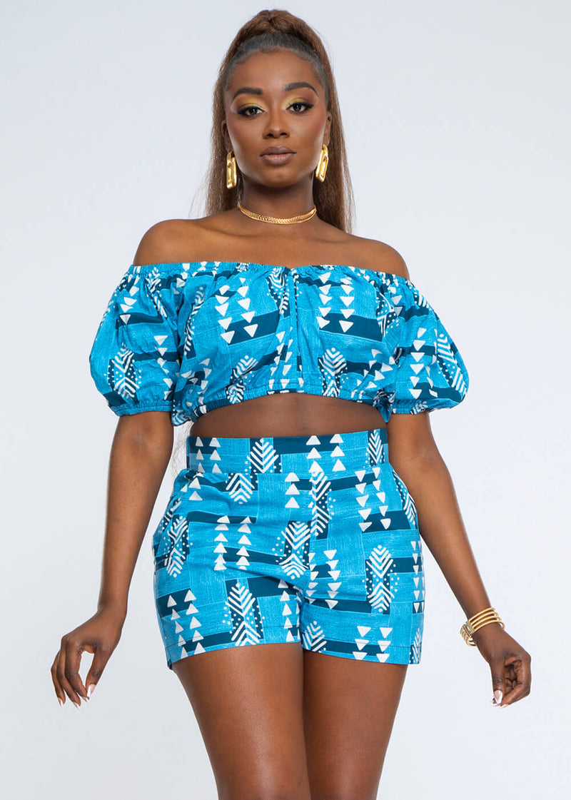 Ikara Women's African Print Crop Top (Navy White Mudcloth) - Clearance