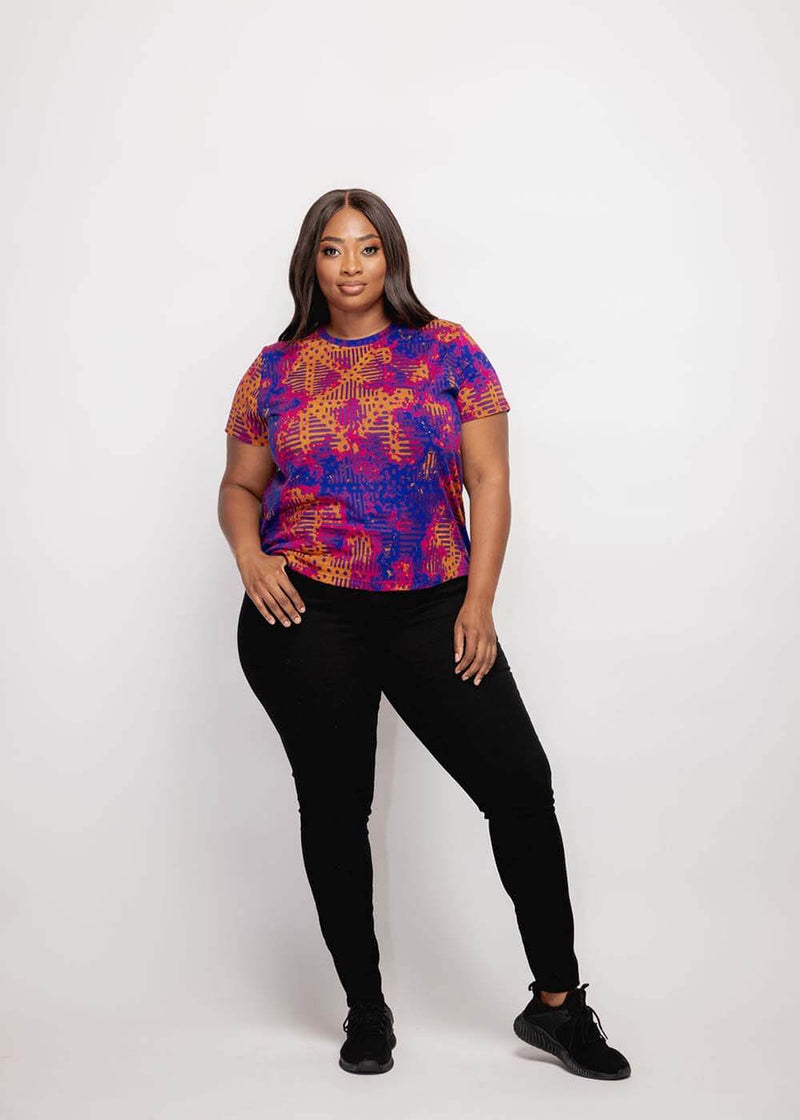 Inafa Women's African Print T-Shirt (Violet Adire)