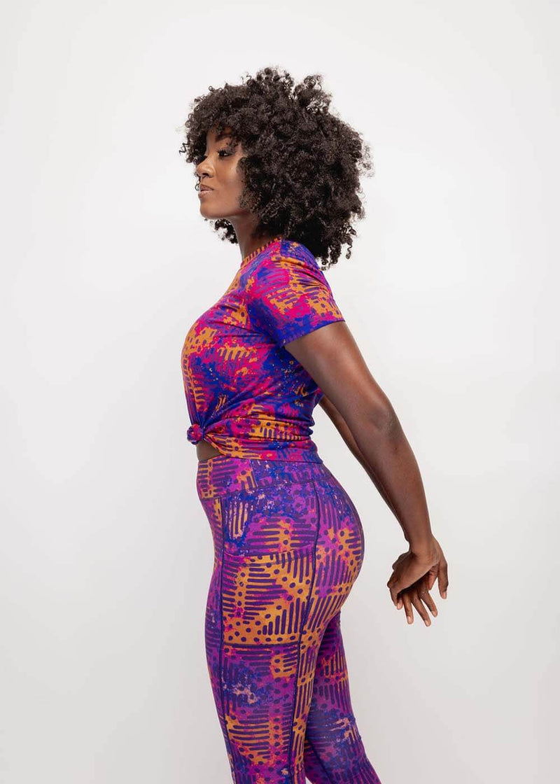 Inafa Women's African Print T-Shirt (Violet Adire)