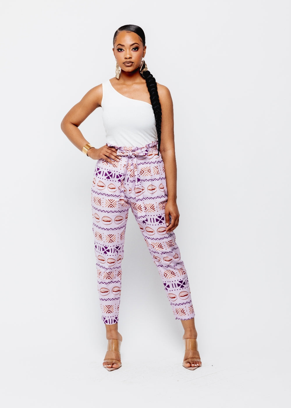 Jemila Women's African Print High-Waisted Pants (Mauve Plum Mudcloth) - Clearance