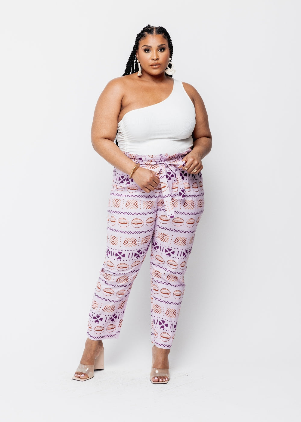 Jemila Women's African Print High-Waisted Pants (Mauve Plum Mudcloth) - Clearance