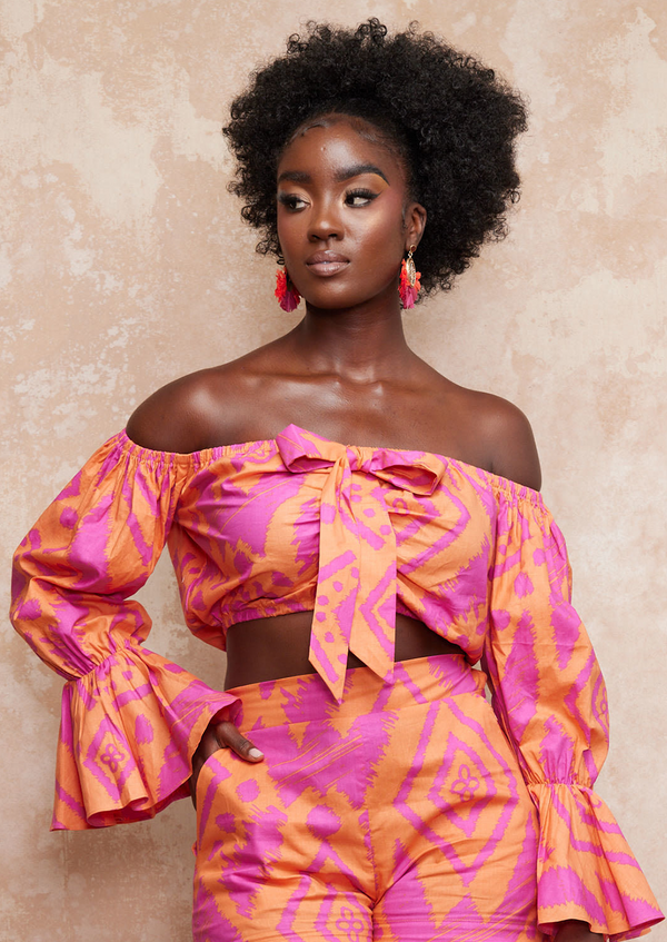 Anaya Women's African Print Zip-Up Crop Top (Cream Maroon Kente