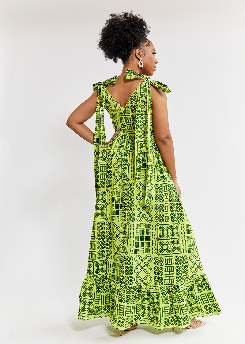 Kulale Women's African Print Maxi Dress (Lime Adire) - Clearance