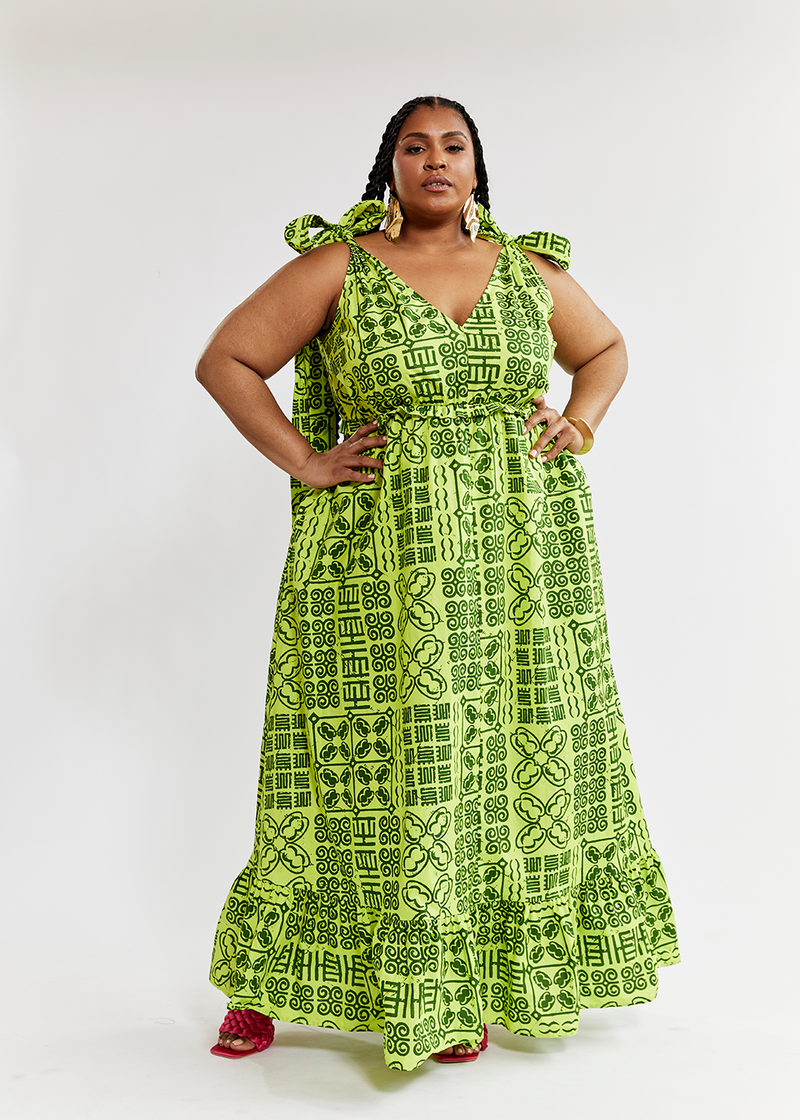Kulale Women's African Print Maxi Dress (Lime Adire) - Clearance