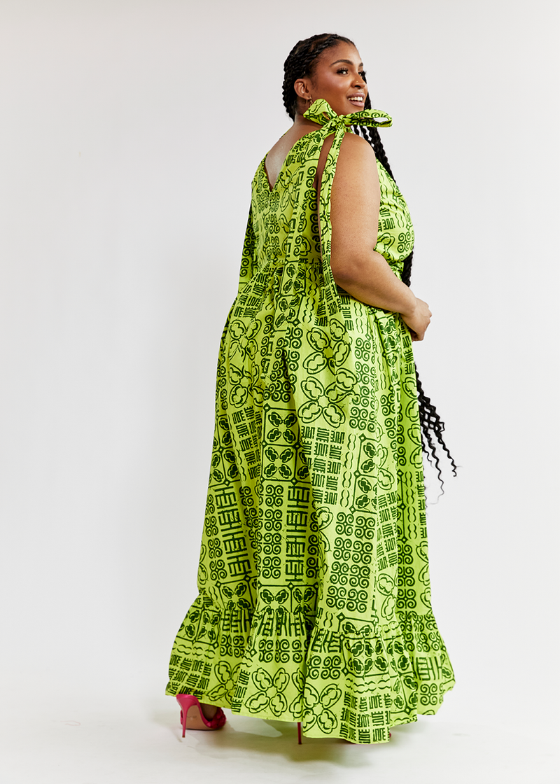 Kulale Women's African Print Maxi Dress (Lime Adire) - Clearance