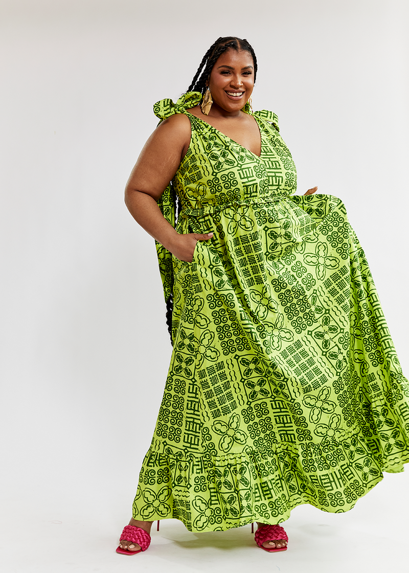 Kulale Women's African Print Maxi Dress (Lime Adire) - Clearance