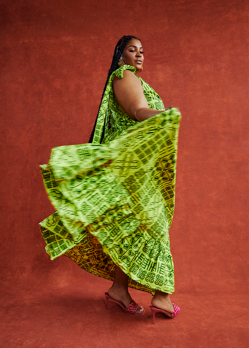 Kulale Women's African Print Maxi Dress (Lime Adire) - Clearance