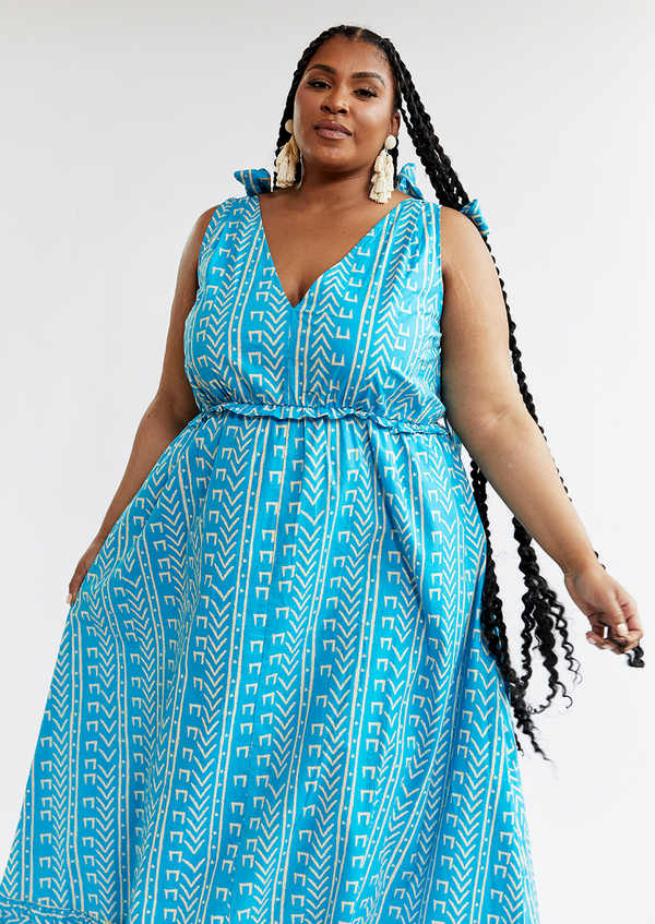 Kulale Women's African Print Maxi Dress (Sky Blue Mudcloth) - Clearance