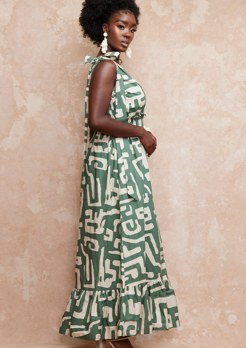 Kulale Women's Maxi Dress (Olive Geometric)