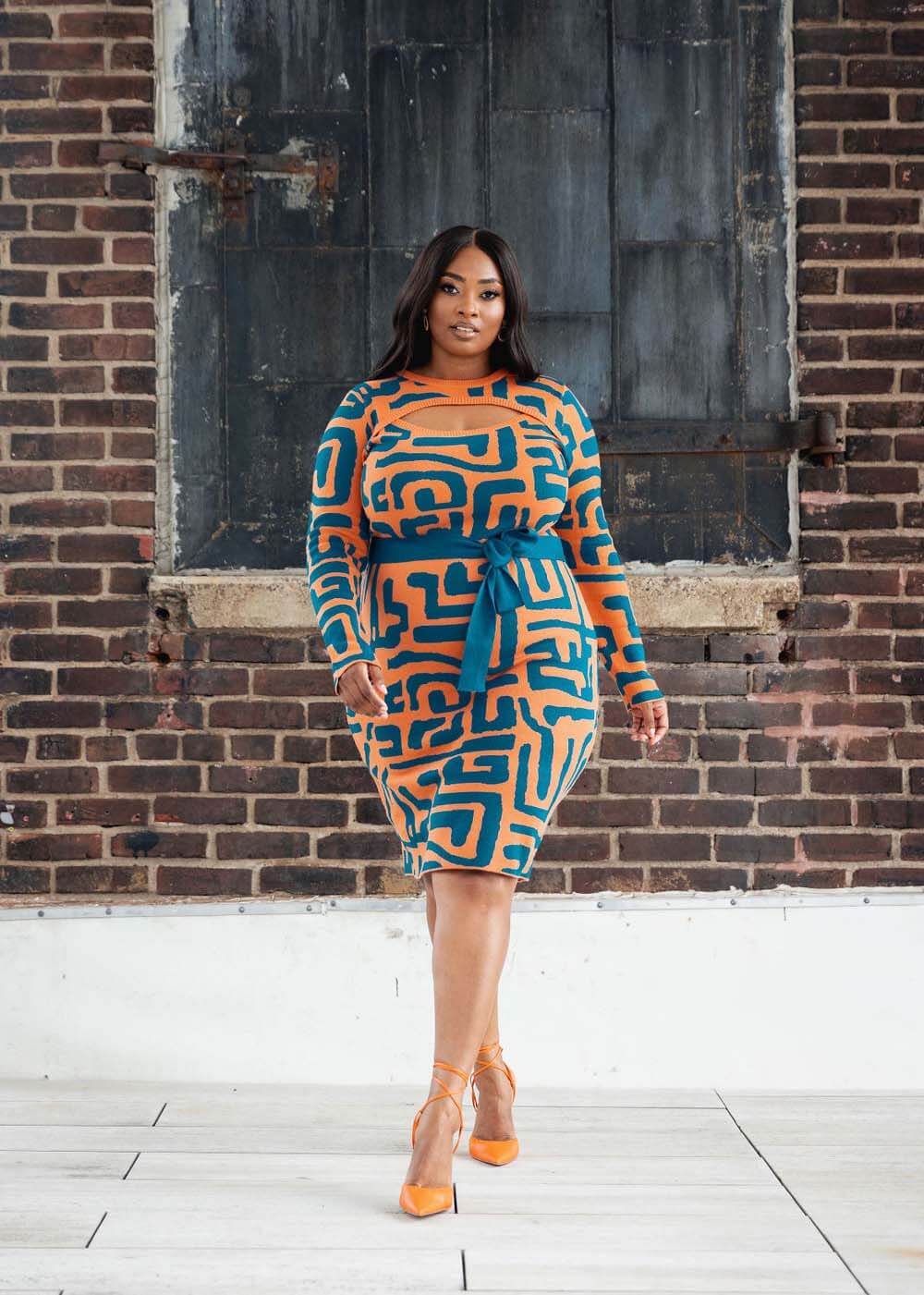 Marah Women s African Print Sweater Dress Orange Blue Geometric