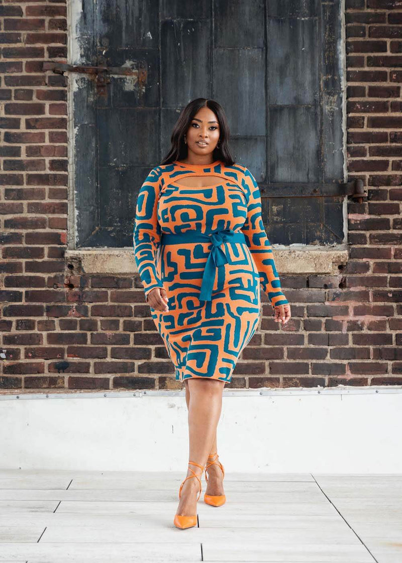 Marah Women's African Print Sweater Dress (Orange Blue Geometric)